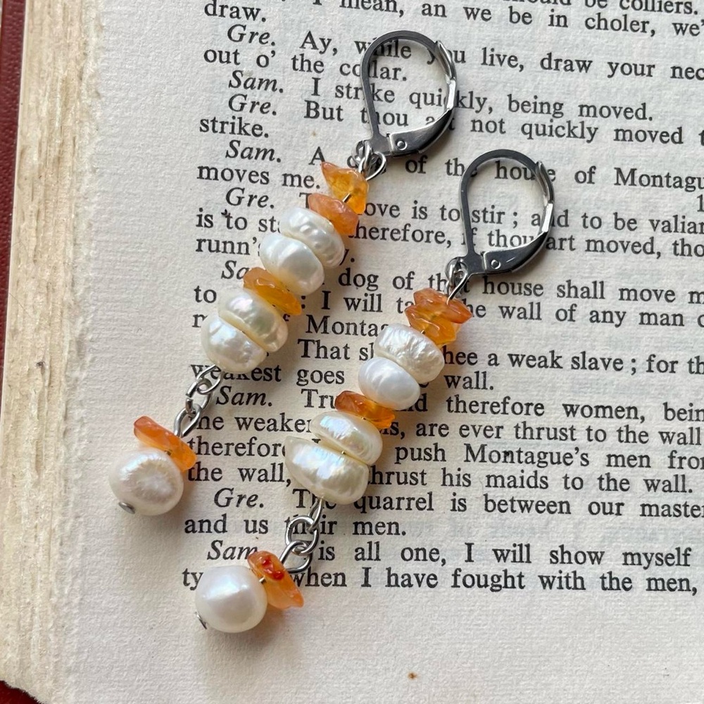 Handmade boho carnelian and pearl earrings